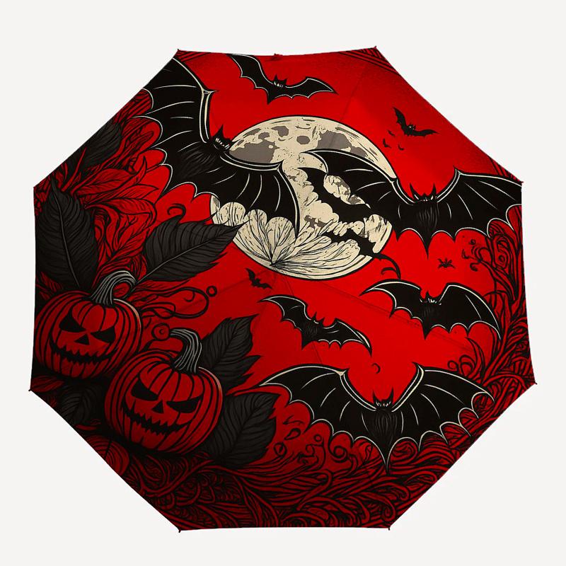 Halloween Moonlit Night Bat & Pumpkin Decorative RoundelUmbrella, Portable 3-Fold Compact Umbrella for Men & Women Gift