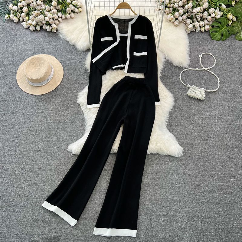 Fashion Suit K-style Long Sleeves Contrast Color Knitting Cardigan Coat Vest Three-Piece Set High Waist Slimming and Straight Loose Pants