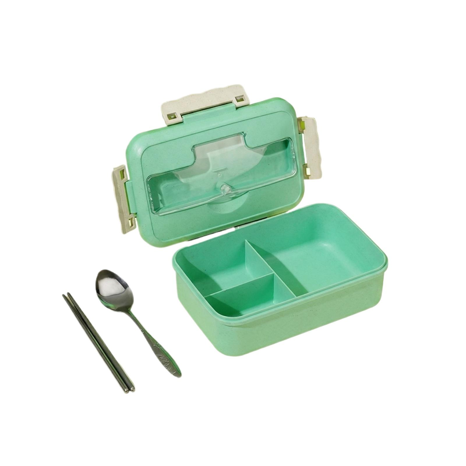 

English: Divided Lunch Box for Students Worker Microwaveable Bento Box Food Container with Spoon Fork Portable one size зелений