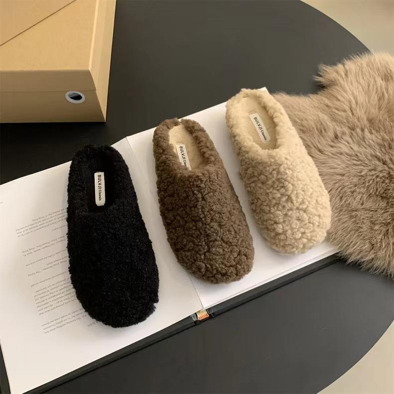 Solid Color Furry Slippers Women Baotou Fur Flip Flops Woman Sliders Flat With Slides Warm Slippers Indoor Shoe Zapatos De Mujer