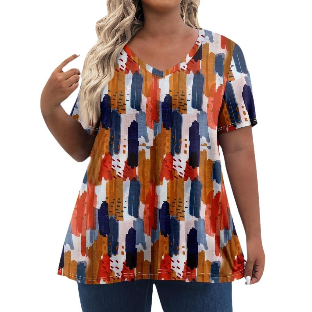 American Women's Clothing New Temperament V-neck Large Size Short-sleeved T-shirt Top Independent Day Personalized 3D Printing