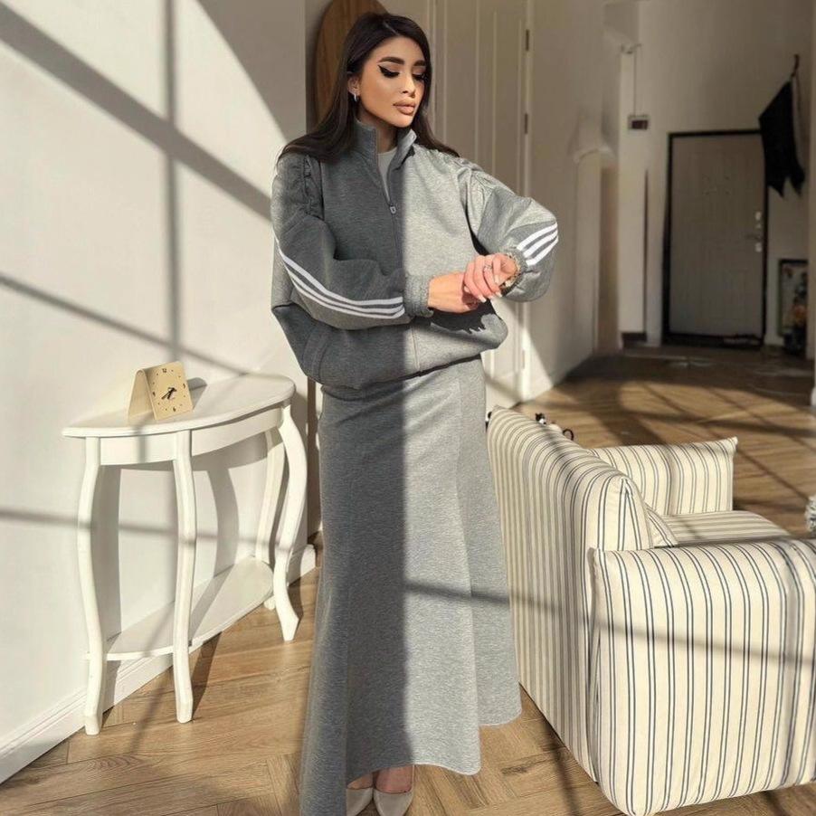 2025 Cross-border European and American Autumn New Sports Zipper Jacket Cardigan Temperament Celebrity Casual Hip Skirt