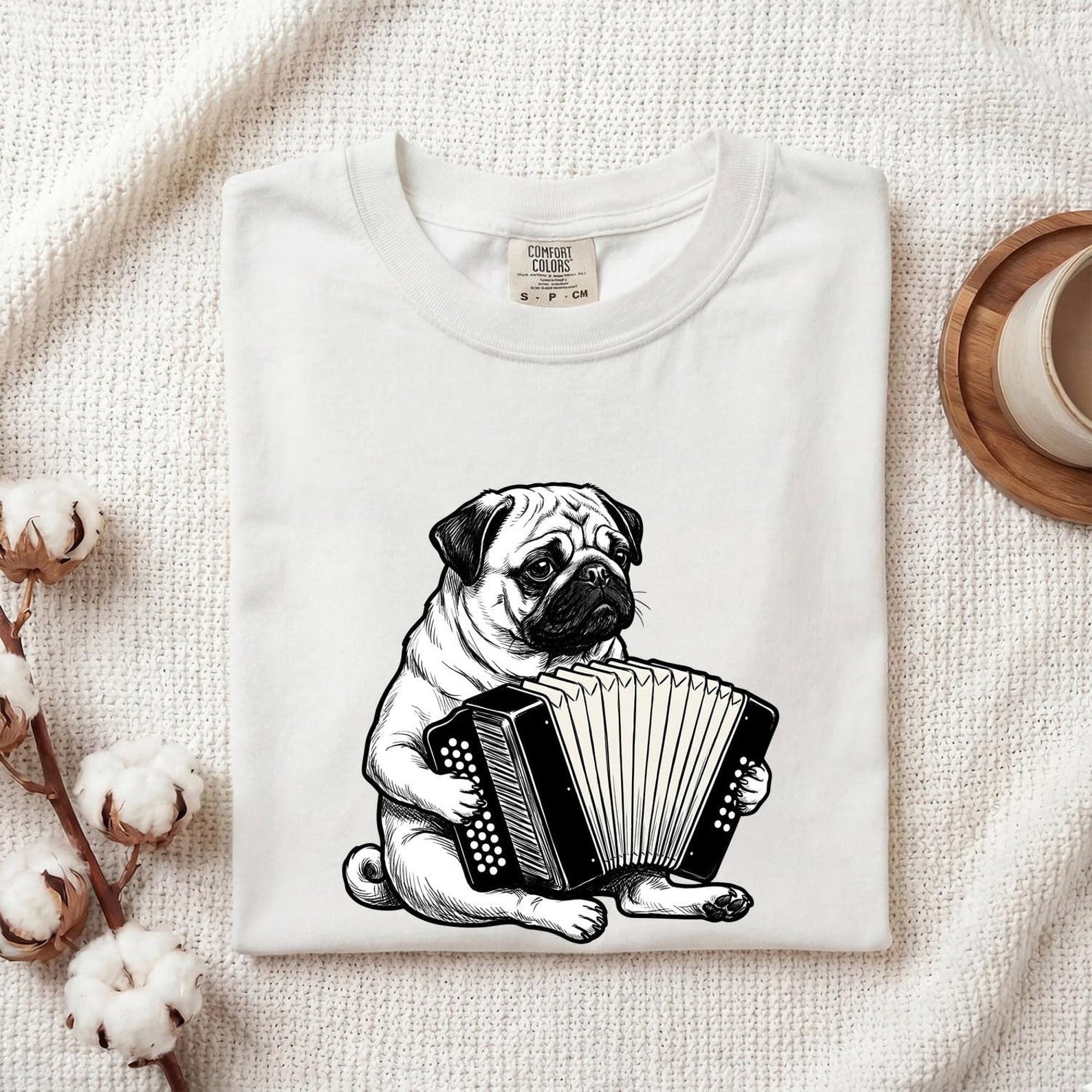 Pug Button Accordion Shirt Dog Audio Gift Women Outline Tee Accordion T-Shirt Dog Fan Outline Tshirt Sound Graphic Comic Folk Instrument 3XL