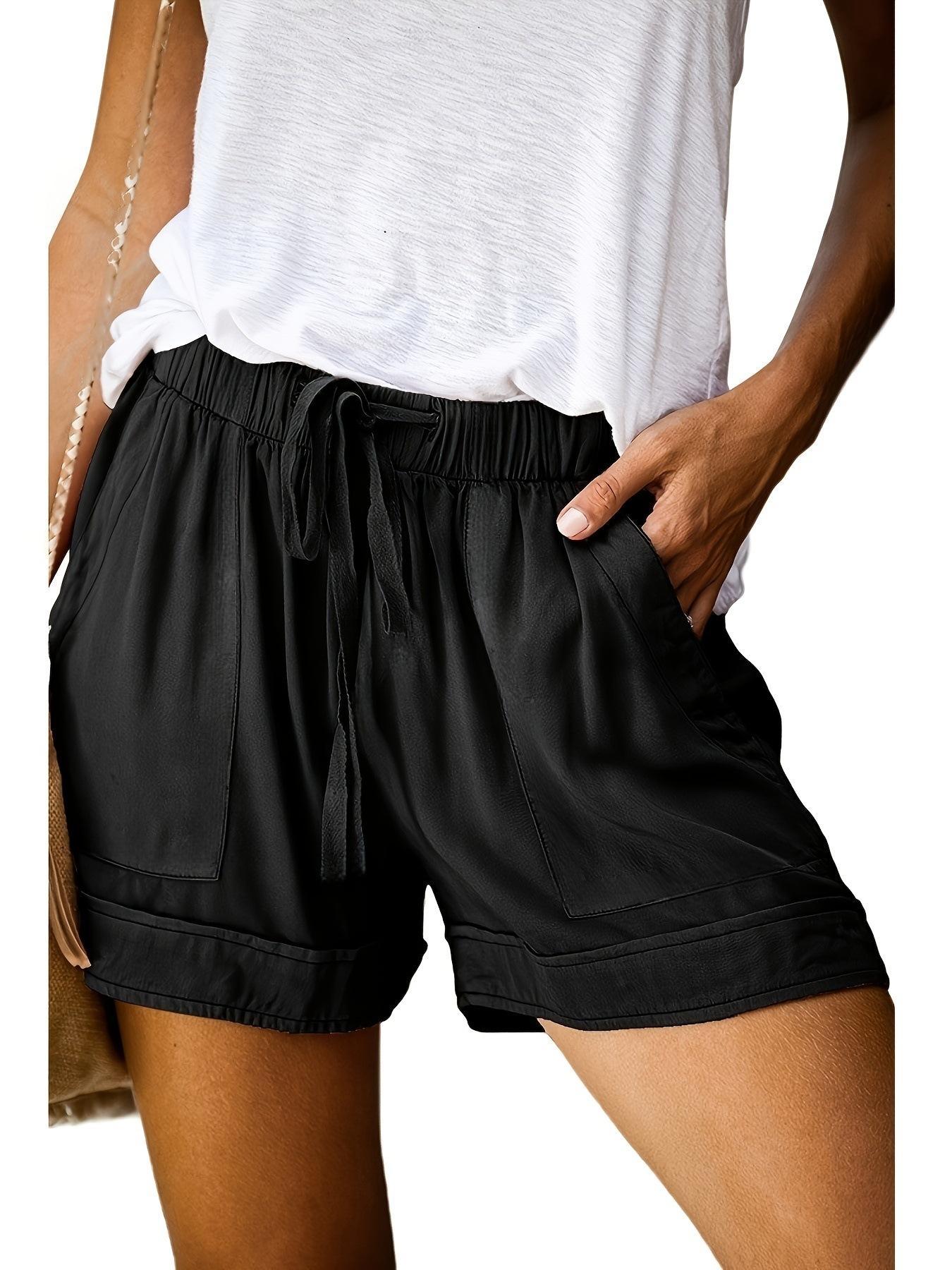 

Women s summer fashion solid color cotton and linen loose solid color drawstring strap pocket casual shorts S чёрный