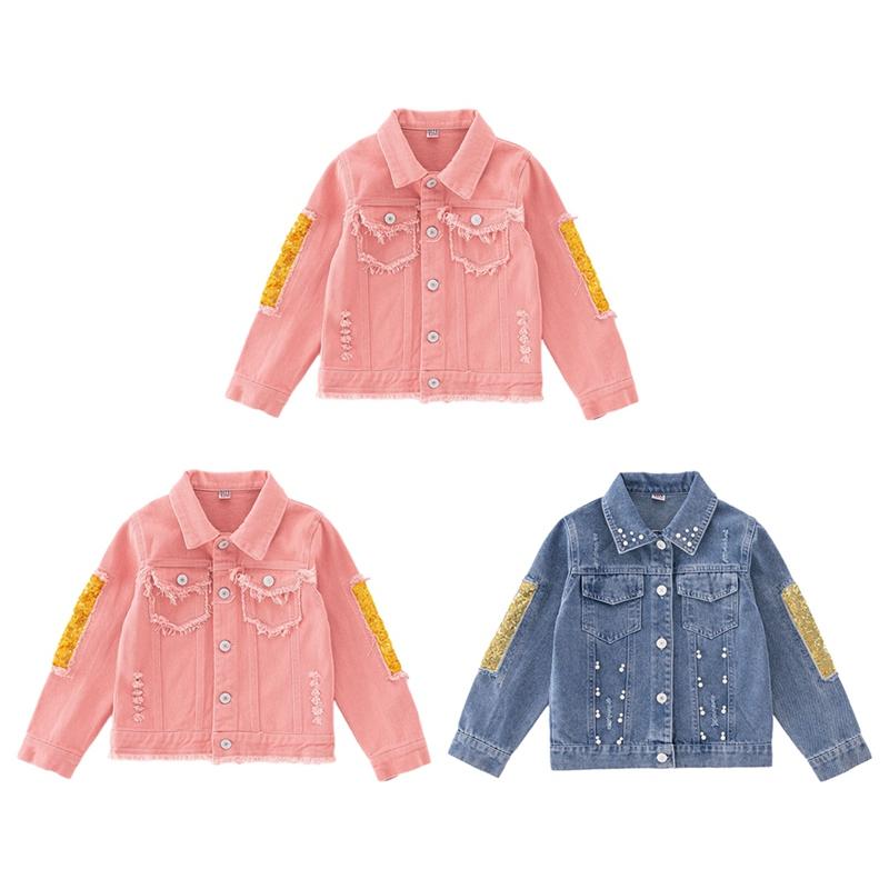 5-14 Years Kids Girls Denim Coat Lapel Button Jacket