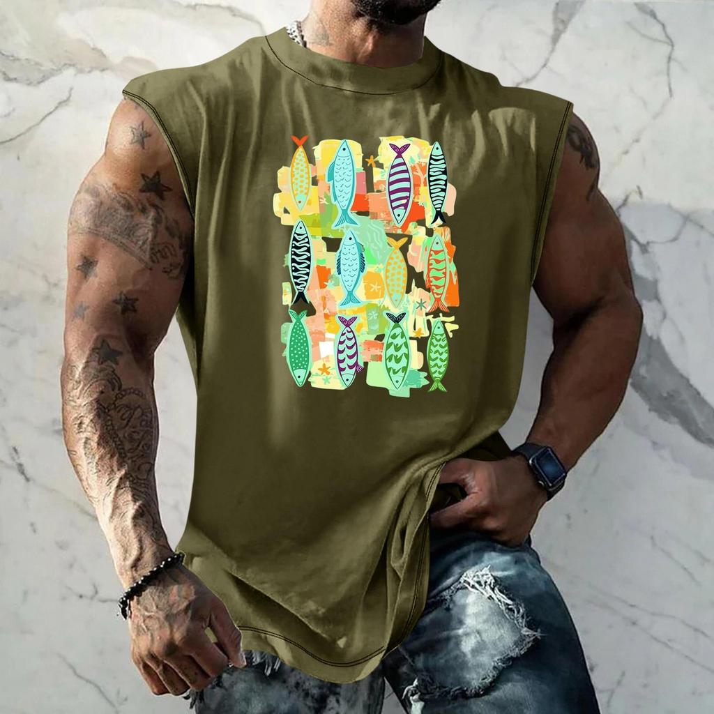 Men's Sleeveless Tank Top Loose Fit Vintage Texture Breathable Muscle Shirt Summer Streetwear Casual Daily Wear Printed Vest