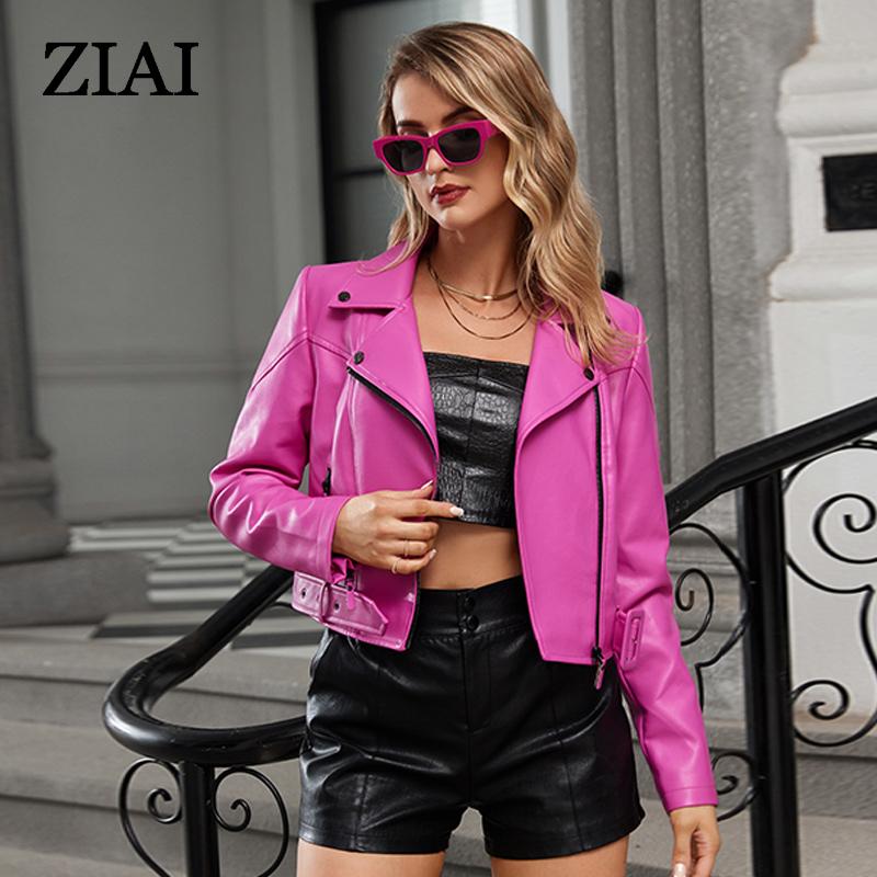 

ziai Короткая куртка из искусственной кожи для женщин с косой молнией и лацканами, свободный водонепроницаемый плащ, модное уличное пальто из искусственной кожи ZP-23812 L розы красного