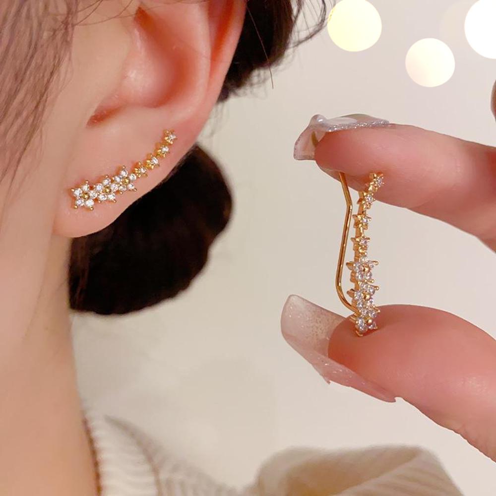 14K Gold Plated S925 Silver Five-Petal Flower Ear Cuffs & Star Diamond-Inlaid Earrings for Women