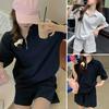 2 Pçs/set Mulheres Verão Calças de Moletom Conjunto Manga Curta Com Zíper Gola Redonda Top Cordão Cintura Elástica Calças de Moletom Soltas Agasalho Pansuit