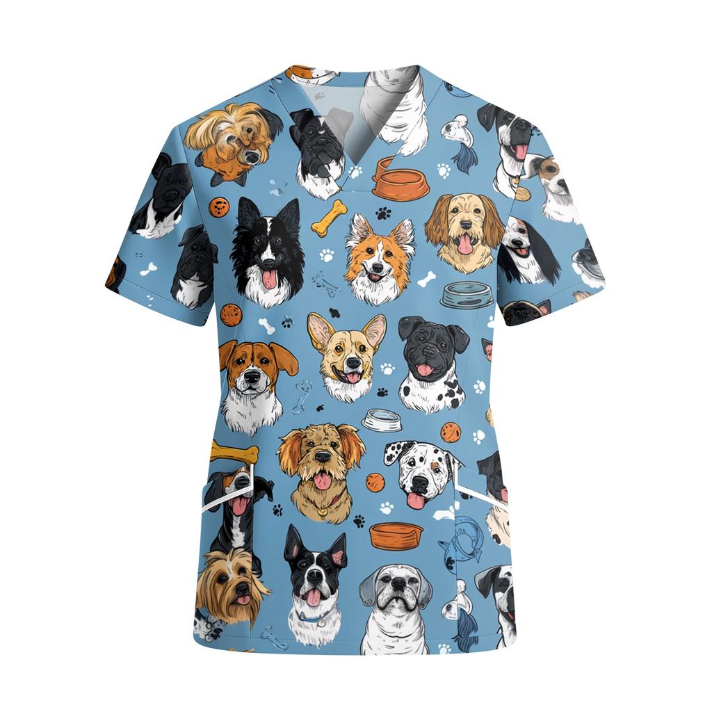 Top da Lavoro da Donna con Scollo a V, Manica Corta, Tasche, Stampa Animalier, Camice Medico, Leggero, Vestibilità Comoda per Professionisti Sanitari