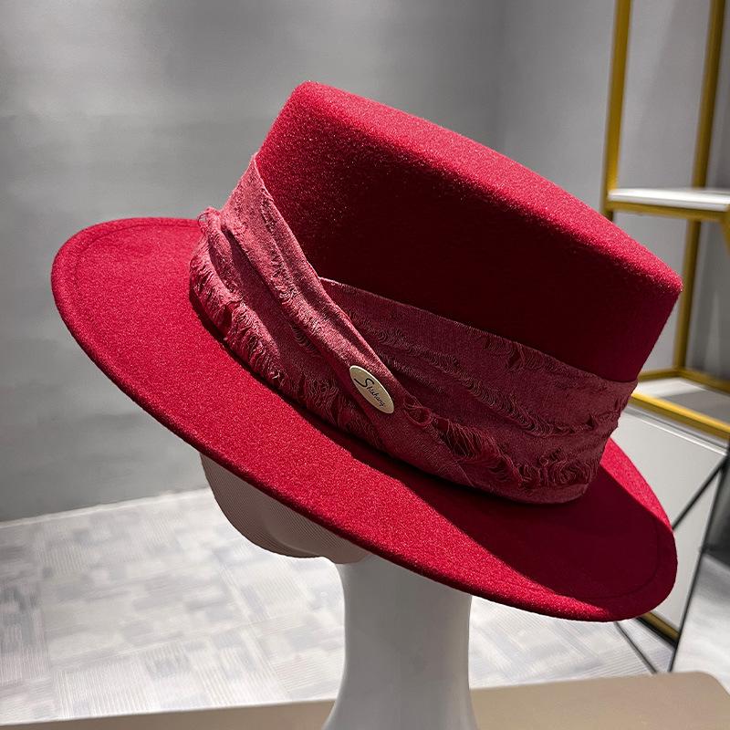 Spring and Autumn Versatile Women's Retro Wool Flat Top Hat British Style Literary French Elegant Temperament Top Hat