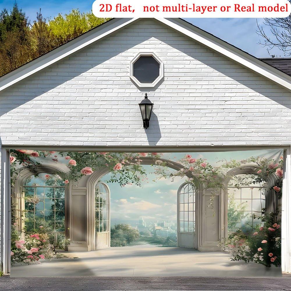 1Pcs Floral Archway Cityscape Garage Door Decoration Background Spring Backdrop Decorations For Photo Studio Photo Booth Party