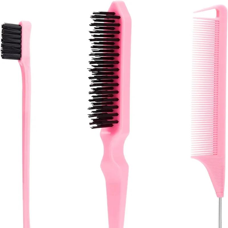 3 Pcs Slick Back Hair Brush Set with Edge Brush Bristle Brush Rat Tail Comb Teasing Brush Set for Smoothing Baby Hair Flyaways