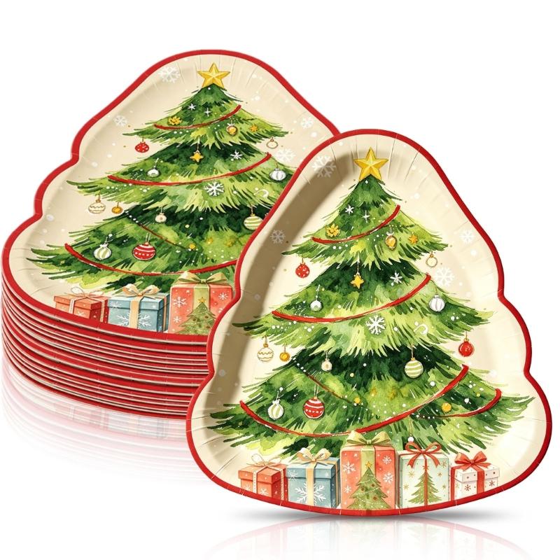 Holiday Party Supplies Tableware Set with Santa and Tree Paper Plates, Cups Napkins Hanging Sign and Table Cover for Christmas Dinner Tables