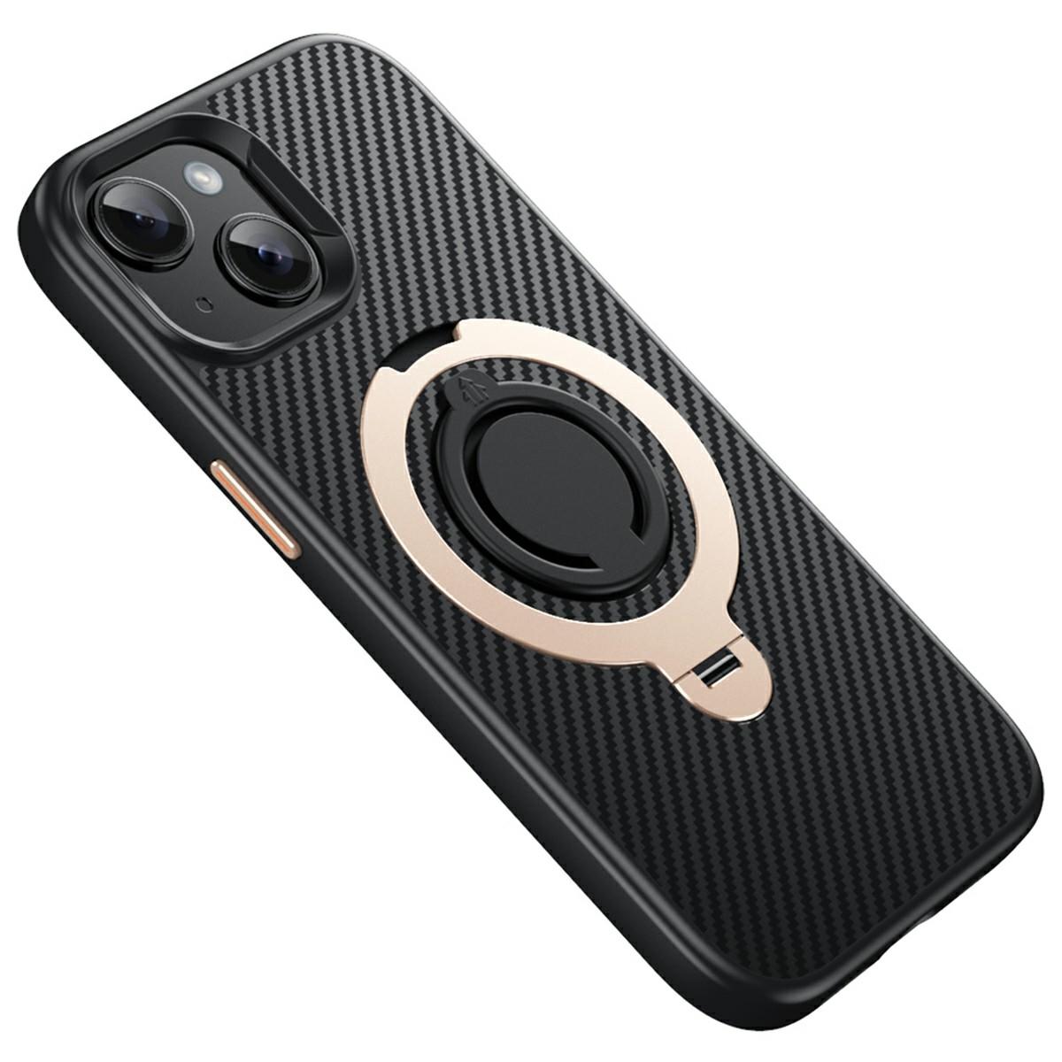 

Чехол для iPhone 14, совместимый с MagSafe, подставка, задняя крышка из ПК+ТПУ с текстурой углеродного волокна, с силиконовым кольцом Gold