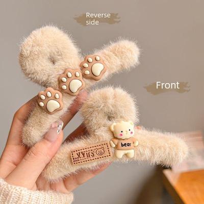Winter Bear Plush Hairpin for Girls - Large Shark Clip for Back of Head