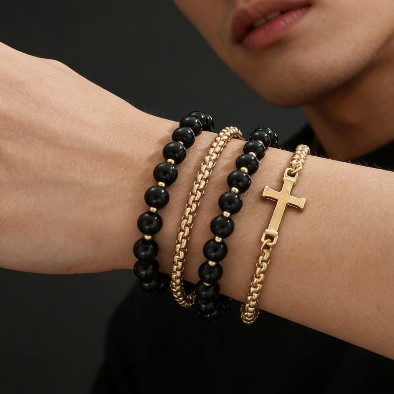 Handcrafted Rhinestone Cross Beaded Bracelet Trio - Fashionable, Luxurious, Trendy Set
