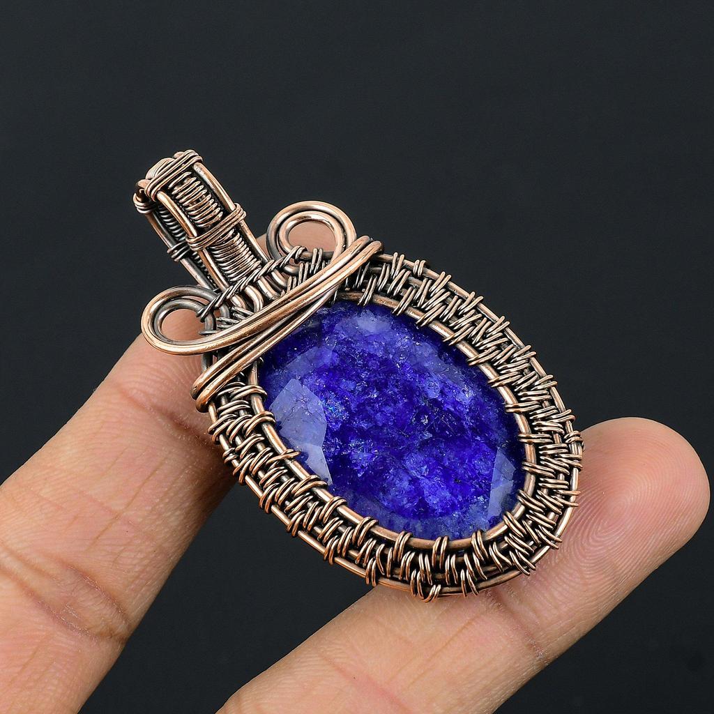 Blue Sapphire Pendant, Handmade Gemstone Pendant, 999 Copper Wire Wrapped Pendant Antique Jewelry, For Engagement Gift