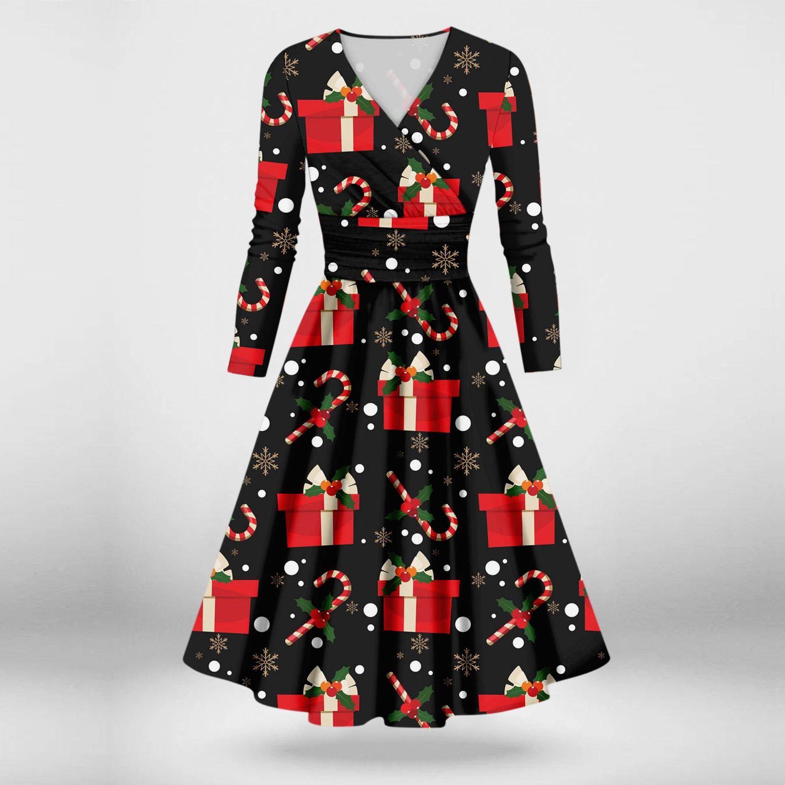 Women s Casual And Fashionable Christmas Printed Long Sleeved V-neck Sexy Dress XXXXL