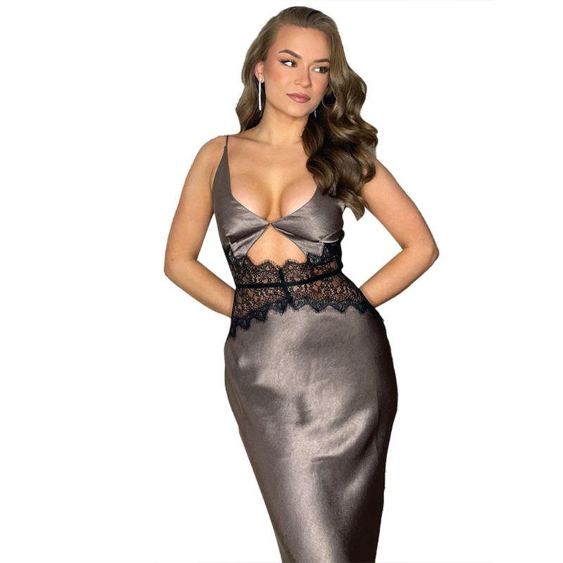European and American Women Clothes Sling Long Dress Low Cut Sexy Hollow High Waist Slim Fit Backless Dress