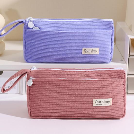 Corduroy Pencil Case Large Capacity Double-Layer Pencil Pouch for Middle School Office Cosmetic Bag Multi-Purpose Stationery Organizer for Pens Makeup