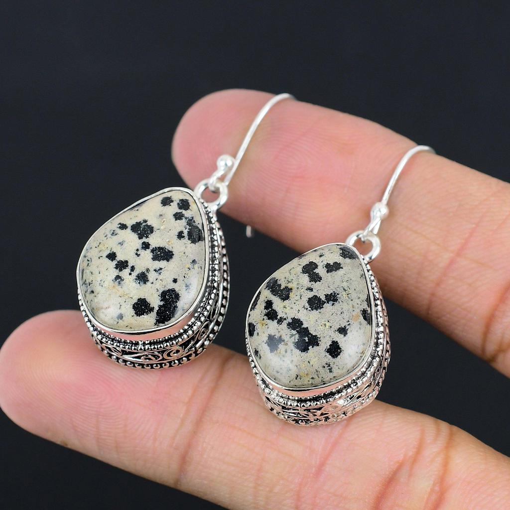Daughters Day Sale 925 Silver Pear Dalmatian Jasper Stone Drop Mother Earrings