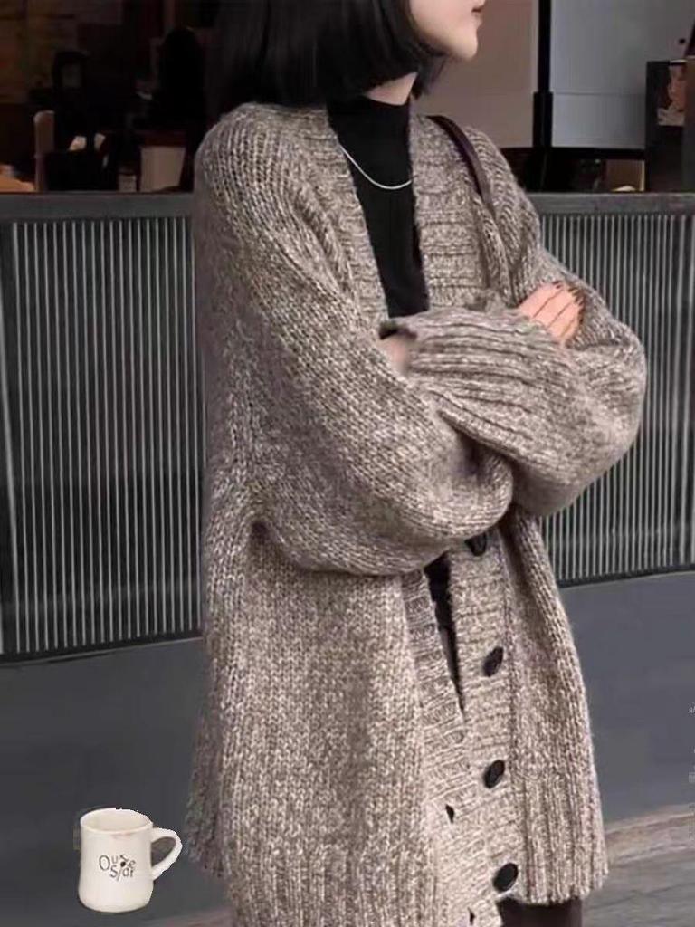 Autumn/Winter 2025 Women's Mid-length V-neck 100% Wool Cashmere Cardigan Sweater
