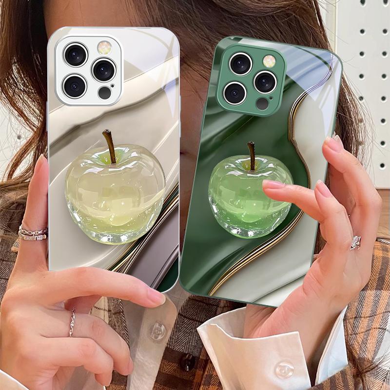 Transparente farbige Apfel Hülle For IPhone 16 Pro Max 15 Pro 14 13 12 Mini 11 XS M ax XR 7 8 Plu SE 2022 Gehärtetes Glas Handyhülle