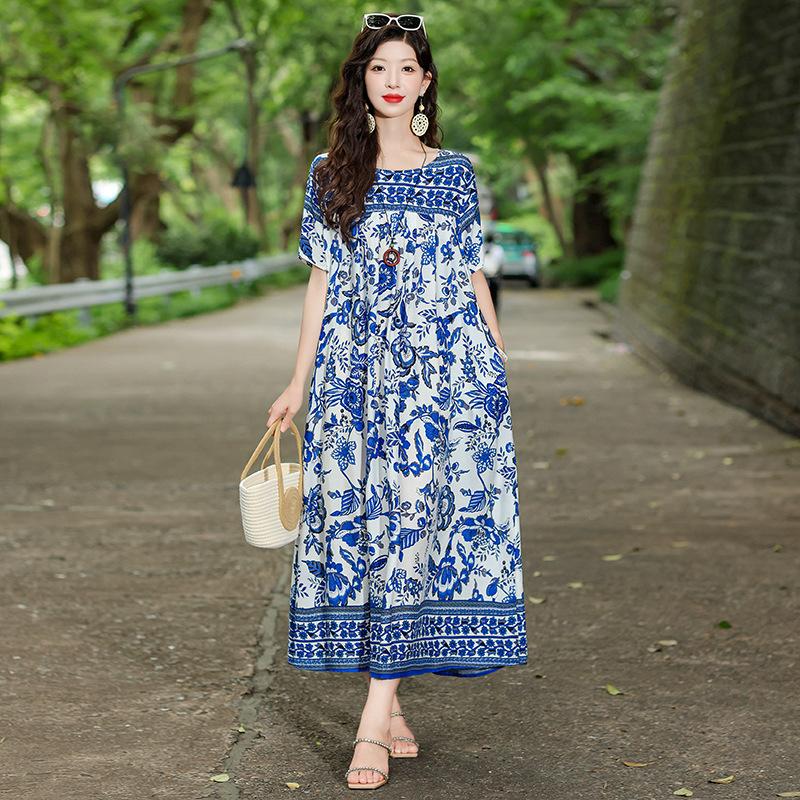 New Bohemian ethnic style short-sleeved summer cotton and silk dress loose fashion large size artificial cotton long skirt