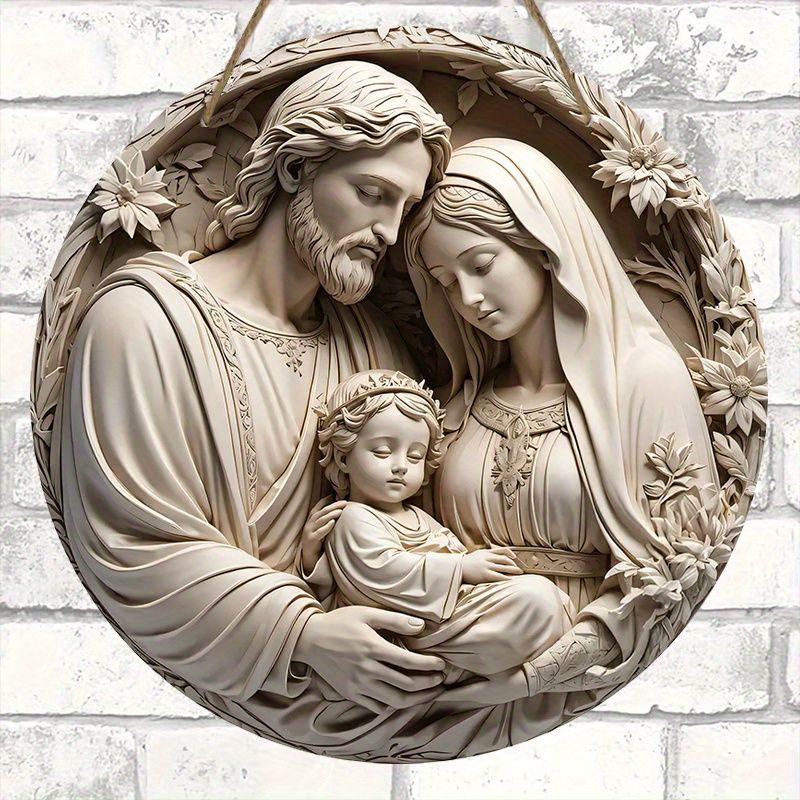 Holy Family Round Wooden Hanging Sign, 2D Flat Wooden Religious Wall Decor, Christian Faith Home Ornament