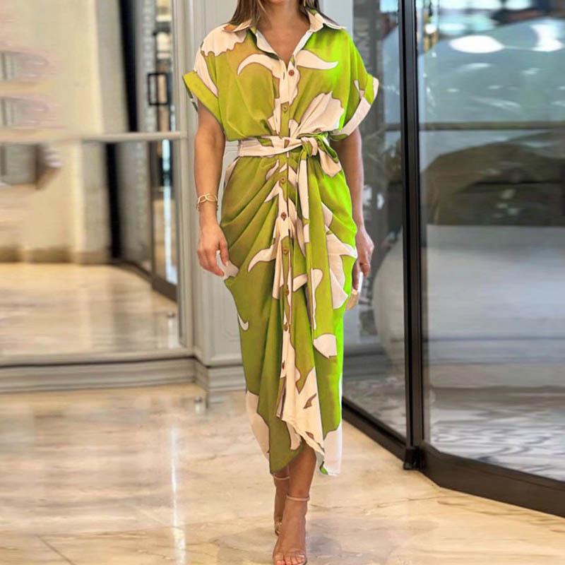 European & American Women's Fashion Print High Waist Short Sleeve Shirt Dress