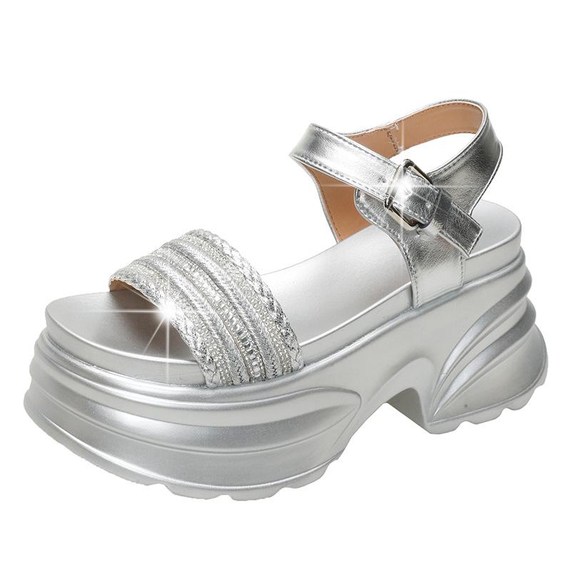 Women's Sandals for Summer Outdoor Wear, Light Luxury Rhinestone Thick-soled Roman Shoes, Exquisite All-match Sandals