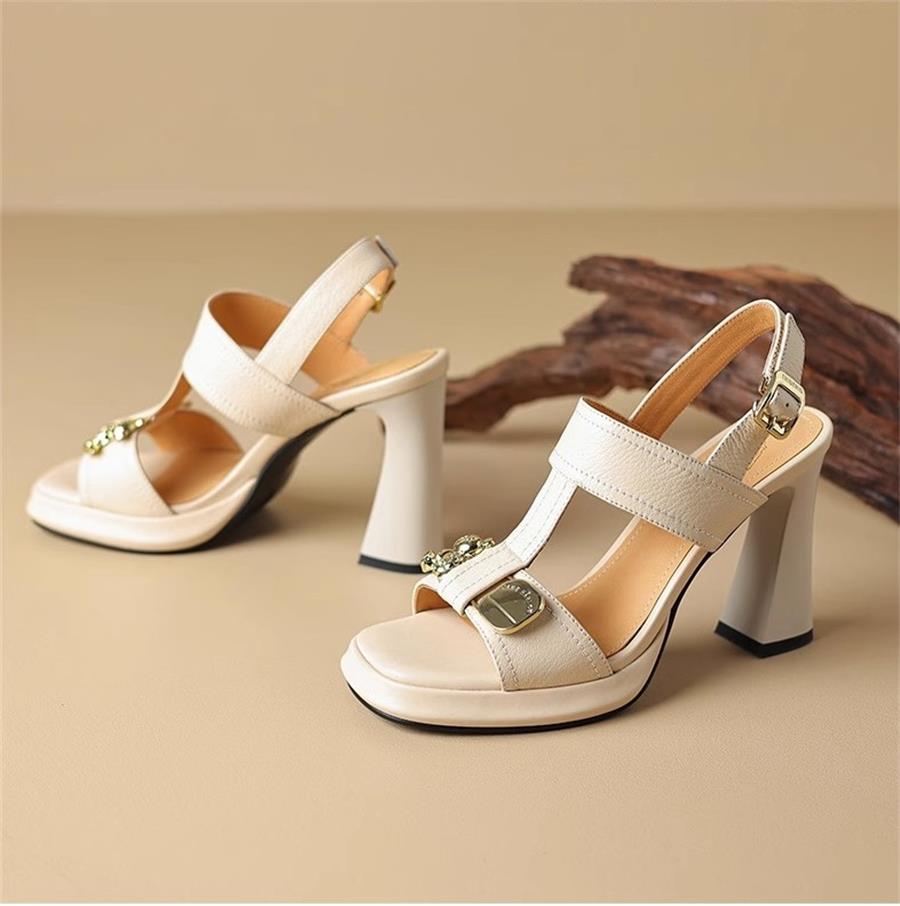 Fashion 2025 New Heels Shoes with Metal Decoration Women Sandals Square Toe Thick Heeled Pumps Elegant Leather Shoes Outside