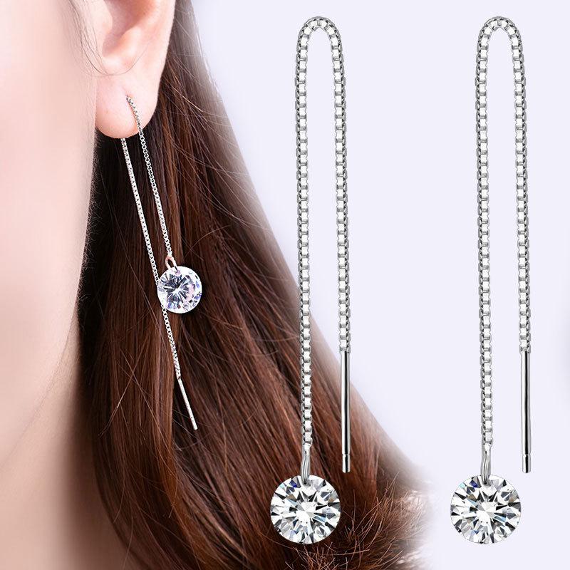 Long Ear Line Drop Earrings for Women Fashion Round Crystal Dangle Earrings Korean Sweet Temperament Jewelry Accessories