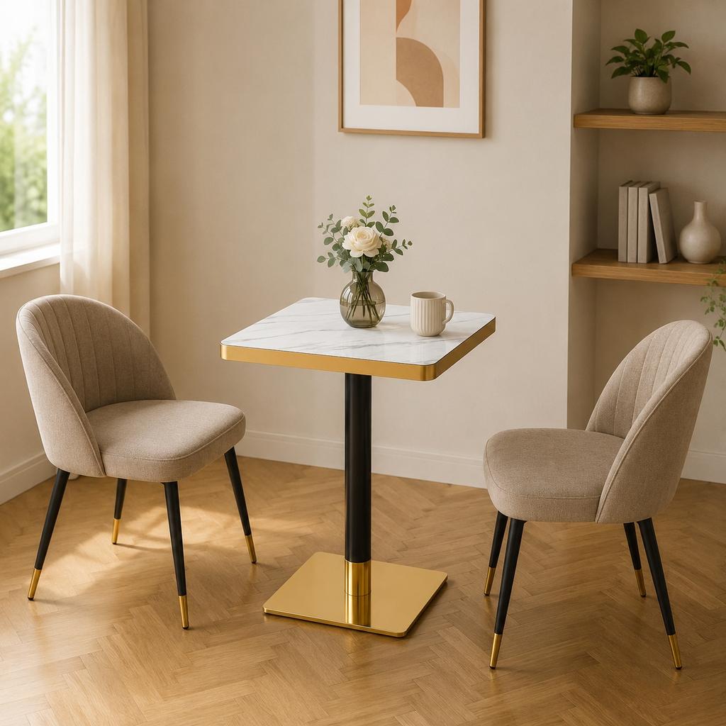Square Dining Table UV Panel Marble Look Metal Frame Modern