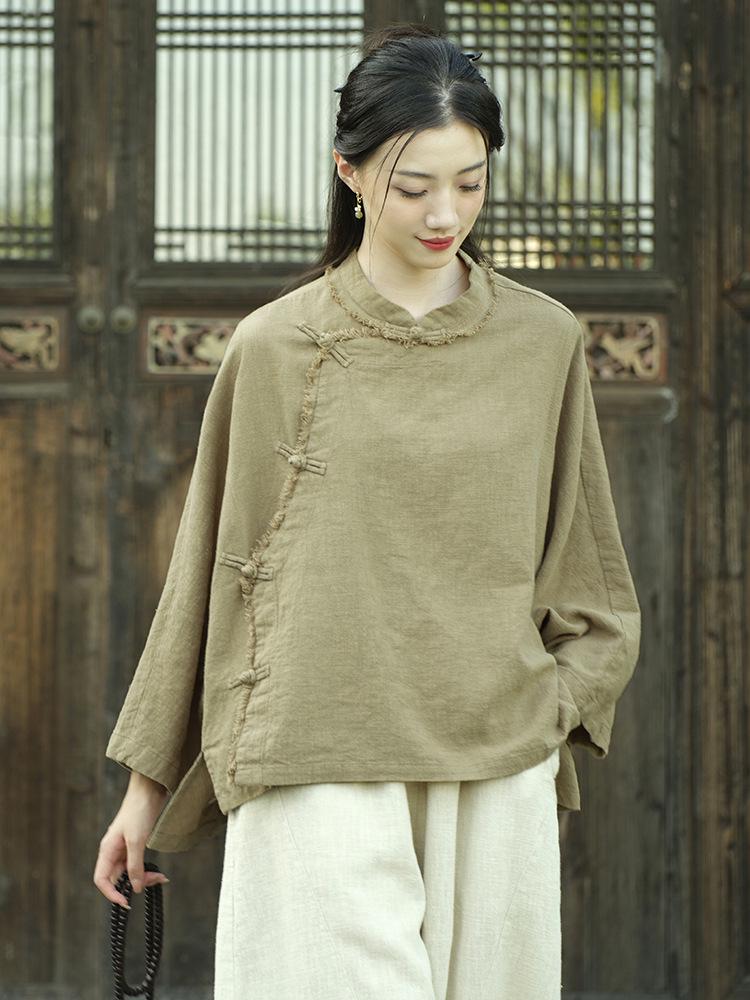 Women's Zen Style Long Sleeve Ramie Top with Frog Buttons - Chinese Retro, Sand Washed, Brushed Cotton Linen