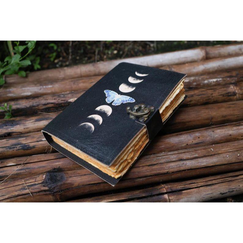 Sun & Moon Handmade Vintage Leather Journal Deckle Edge Paper, Blank Spell Book of Shadows Grimoire Journal, Gift for Him Traveling Book