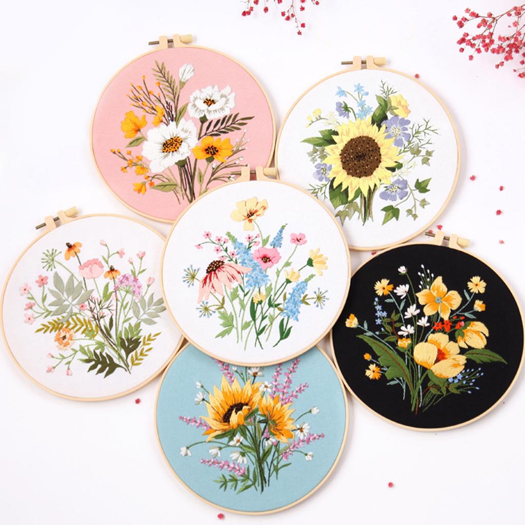 Flower Embroidery Starter Kits DIY Cross Stitches Set for Beginners with Pattern Instructions Hoop Threads Needle Tool