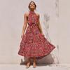 Women's long dress popular new neck polka dot printing lace-up dress
