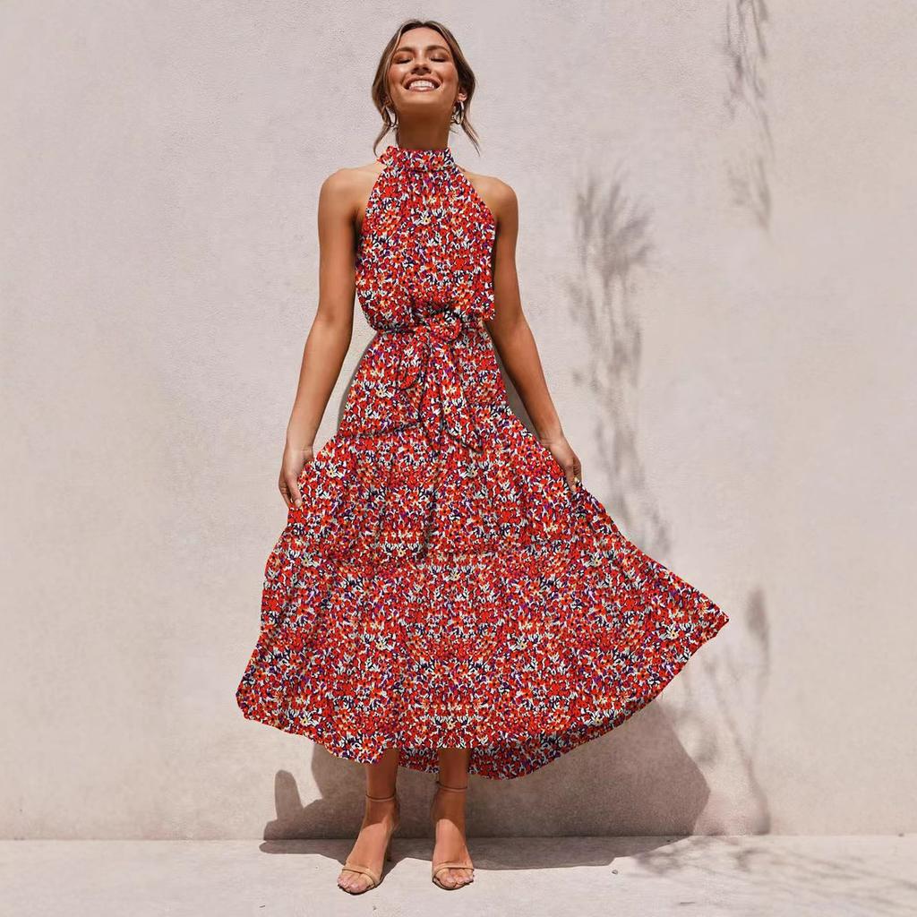 Women's long dress popular new neck polka dot printing lace-up dress