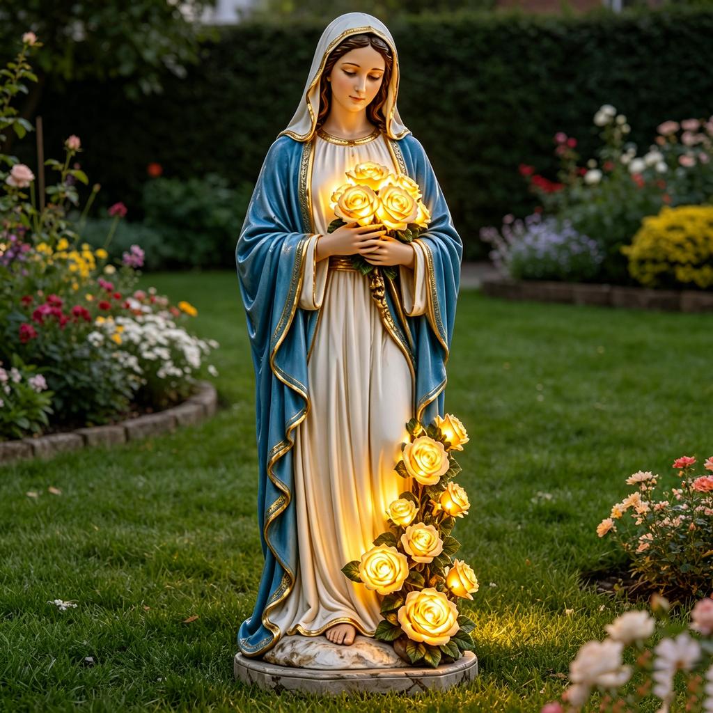 Decorazione Giardino Cristiano con Rose Illuminanti Statua di Maria in Resina da Esterno Ornamento Fatto a Mano Statua di Maria Luminosa a LED per Regali Festa della Mamma