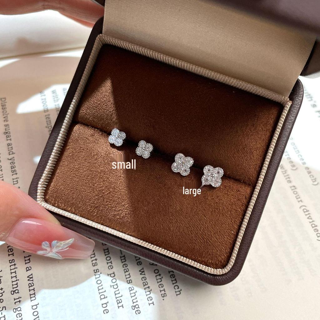 Korean Style Four-Leaf Clover Zircon Stud Earrings in S925 Sterling Silver & 18K Gold