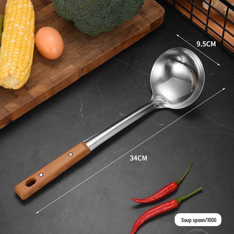 Stainless Steel Kitchen Utensil Set: Slotted Spoon, Soup Spoon, Frying Pan Spatula, Rice Spoon, Stir-fry Spatula.