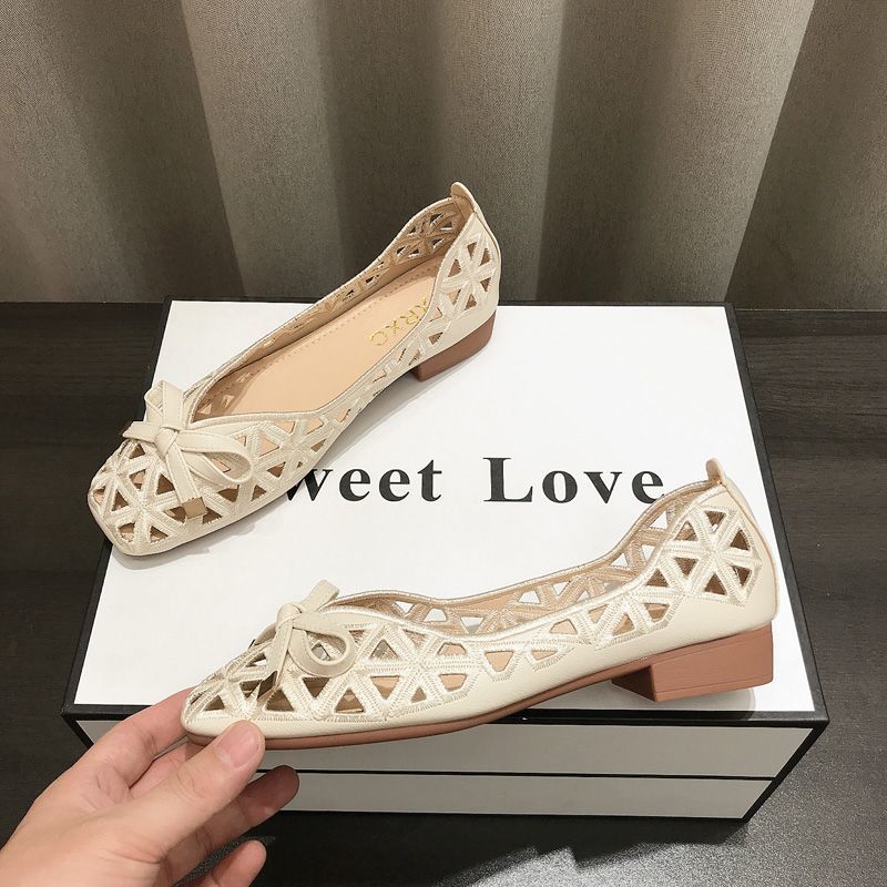 Square Toe Shallow Mouth Flats Woman Bowtie Cut-outs Shoes for 2025 New Summer Slip-on Ballet Flats Women's Emboridery Loafers