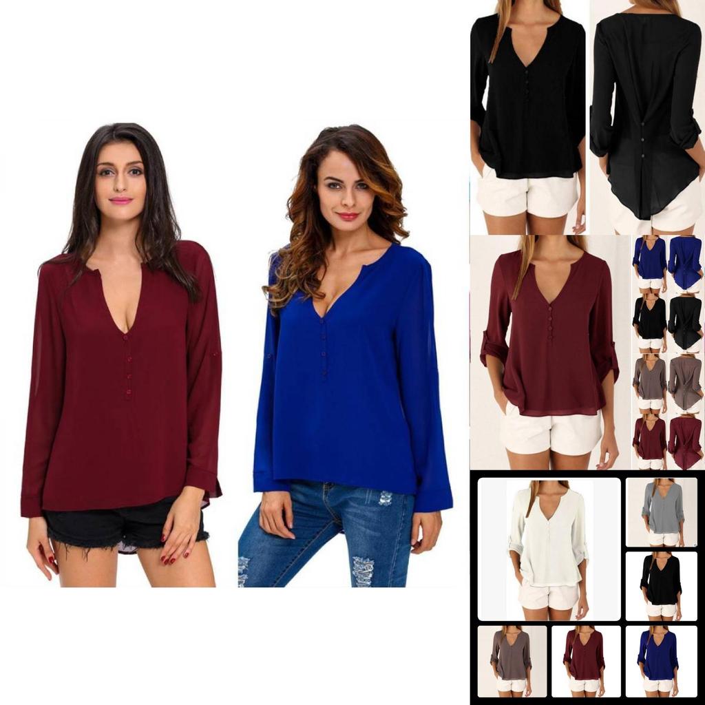 Elegant V Neck Long Sleeve Chiffon Blouse For Women In Six Chic Colors And Sizes S To 5xl