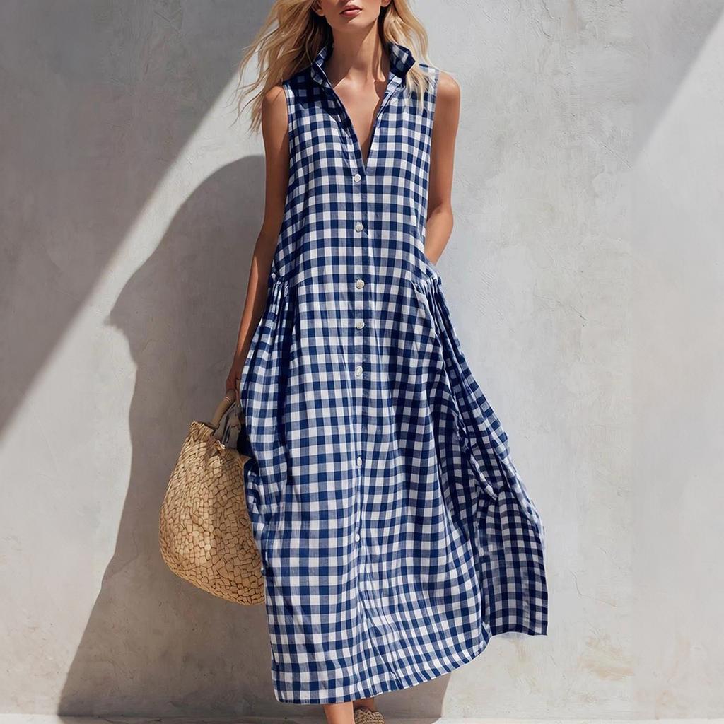 Women’s Sleeveless Maxi Dress Button Down Loose Fit Long Dress with Collared Neckline for Beach or Vacation Wear