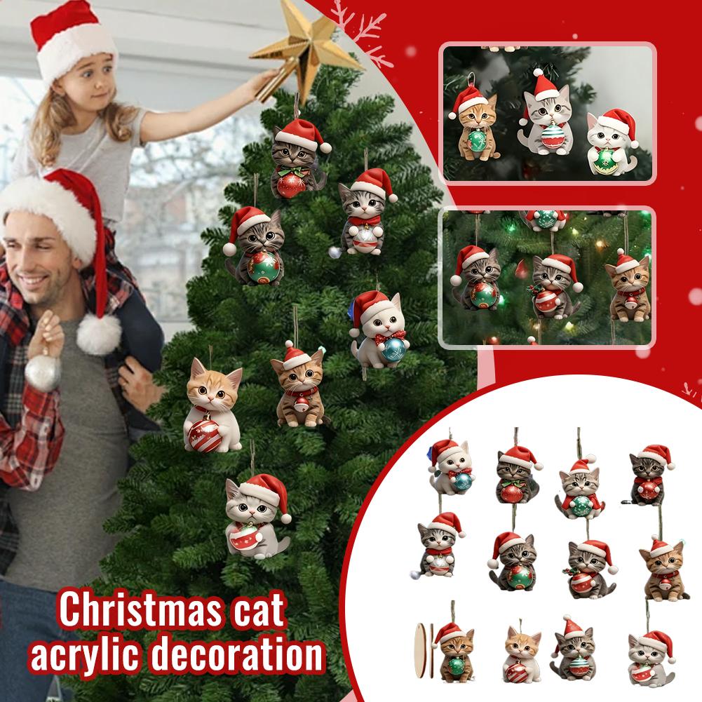 12Pcs Christmas Cat 2D Acrylic Decoration Set Christmas Tree Holiday Party Outdoor Hanging Decoration Unique Creative Gifts 7