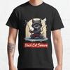 Black Cat Samurai Warrior Japanese Ninja Cat Printed TShirt for Men 100 Cotton Vintage  Men Clothing Big Size  Printed Tee