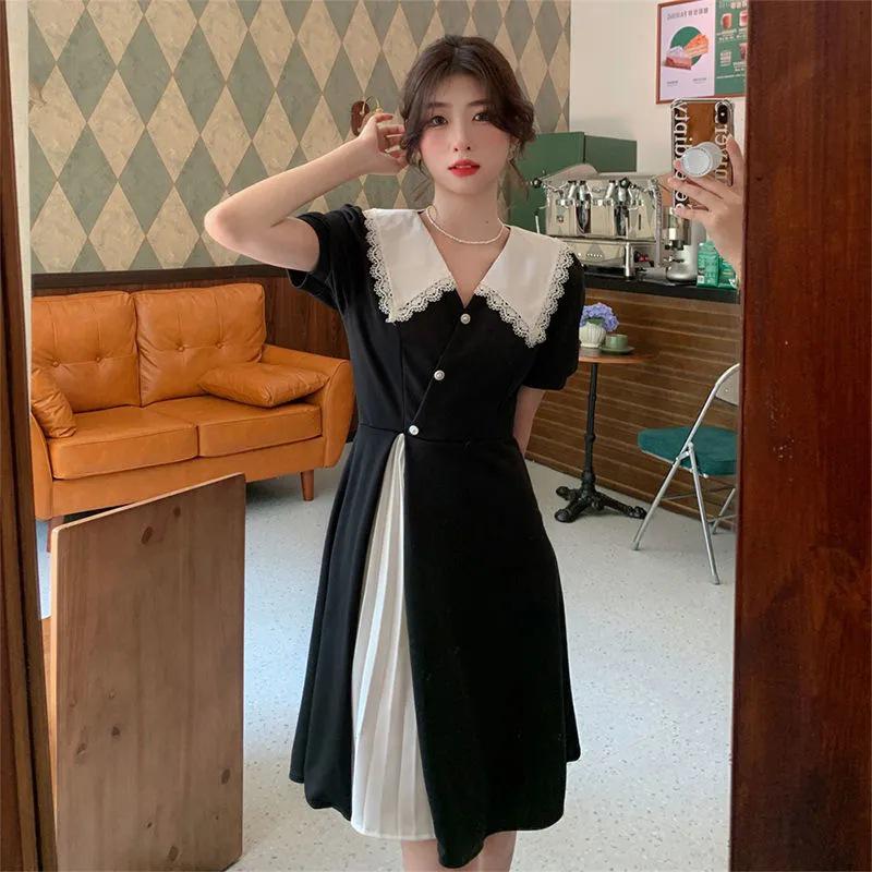 

Hepburn Style Black A-Line Tea Dress with Doll Collar and Contrasting Waist-Cinching Design XL чорний