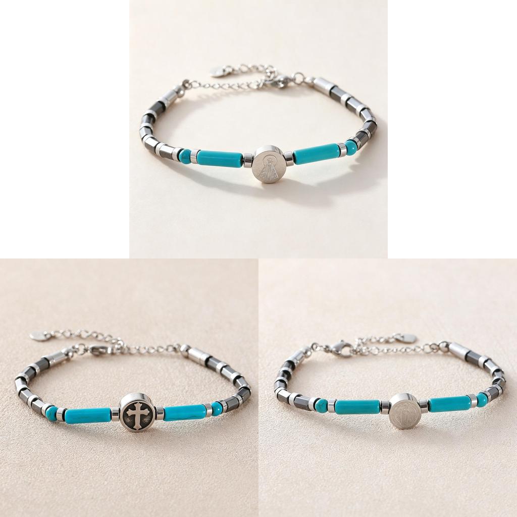 Mens Black Stainless Steel Cross Bead Bracelet With Turquoise Stone For Fashion And Gift